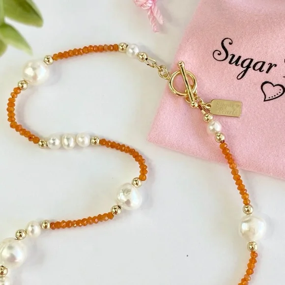 Freshwater Pearl, Carnelian & 14K Gold Necklace - Picture 3 of 7